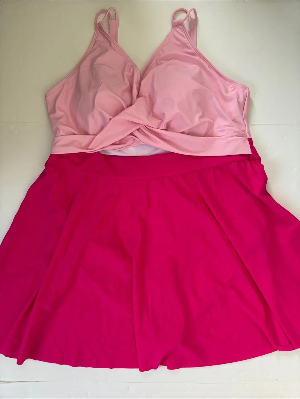 Anti-Float Ties Cut-Out Swim Dress Two-Tone Pink Twist Front Swimsuit Size 22/24